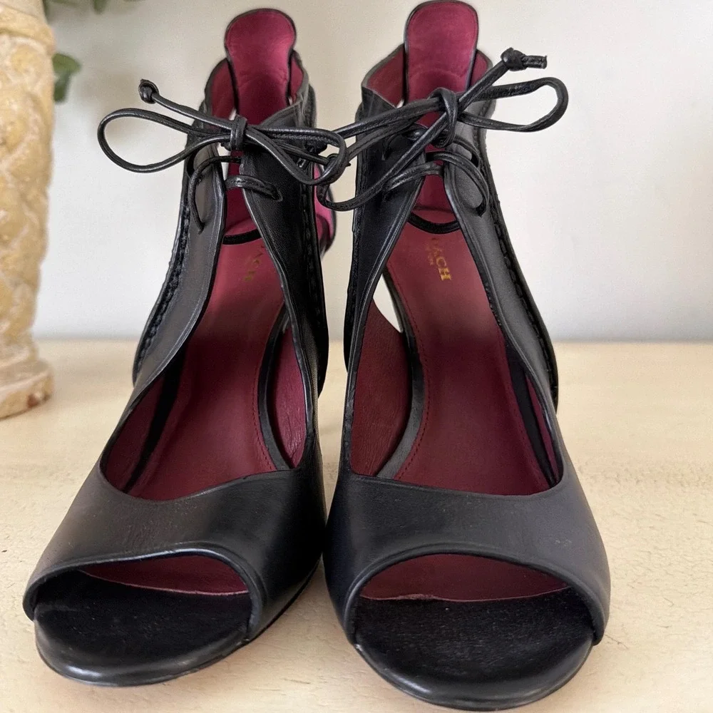 Coach Women Sz 9.5 B Black Leather Peep Toe Cutout Pumps Snakeskin Stiletto Heel